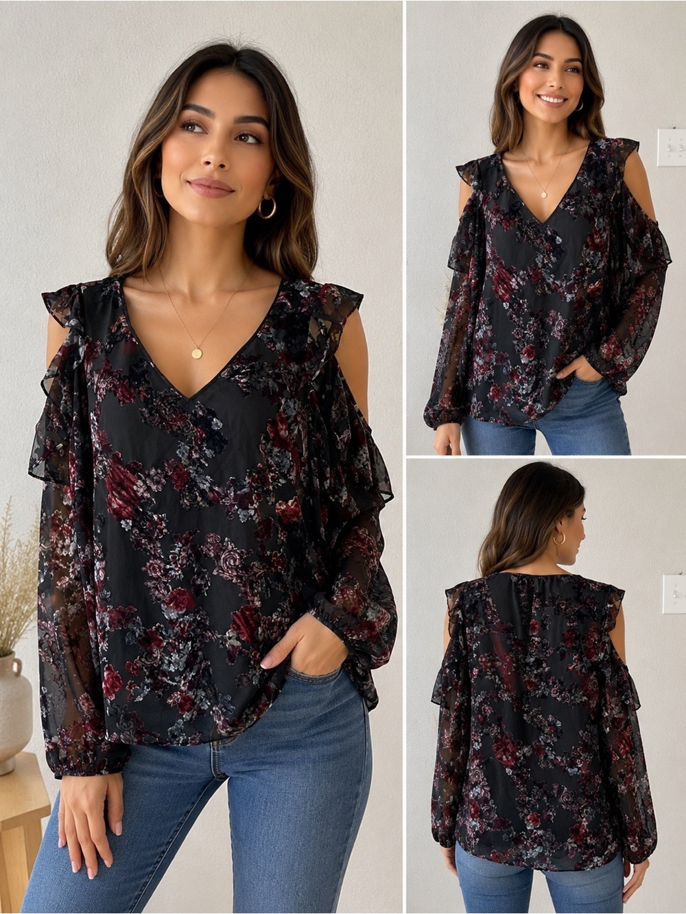 Floral Cold-Shoulder V-Neck Blouse - Black